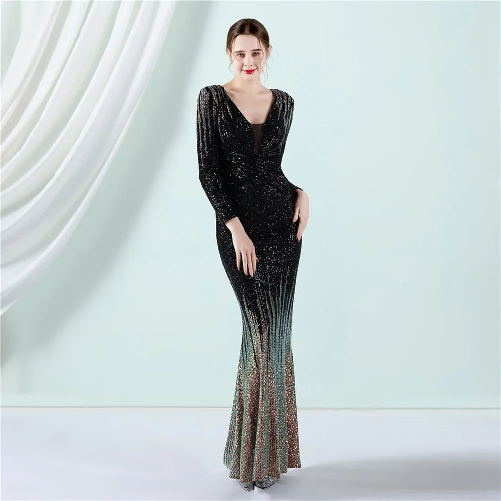 Vestido de Festa Longo com Detalhes Paetês Degradê Preto