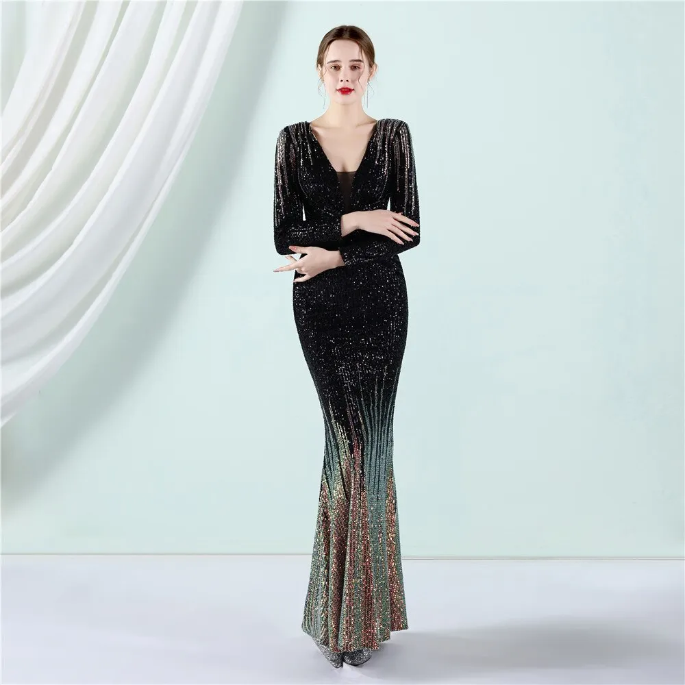 Vestido de Festa Longo com Detalhes Paetês Degradê Preto