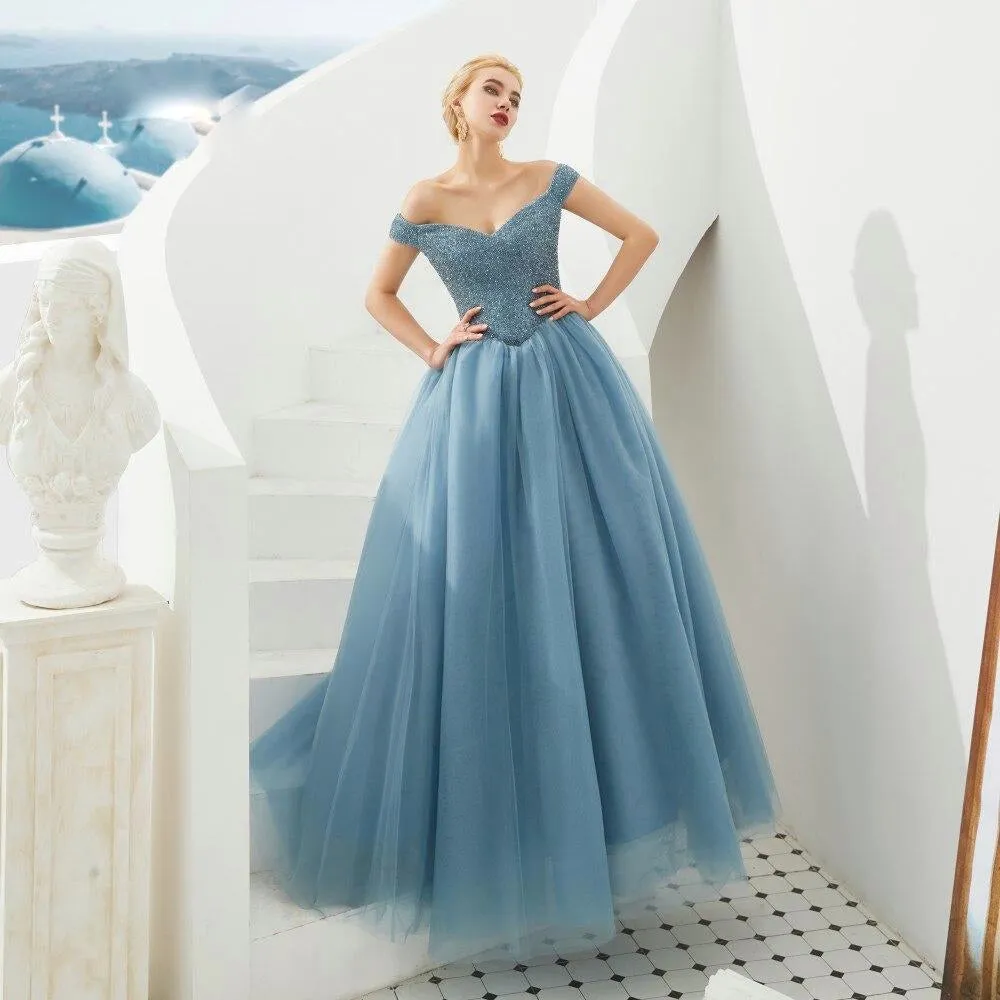 Dusty Blue Classic Luxury Evening Dress with Detailed Bodice - Special Edition