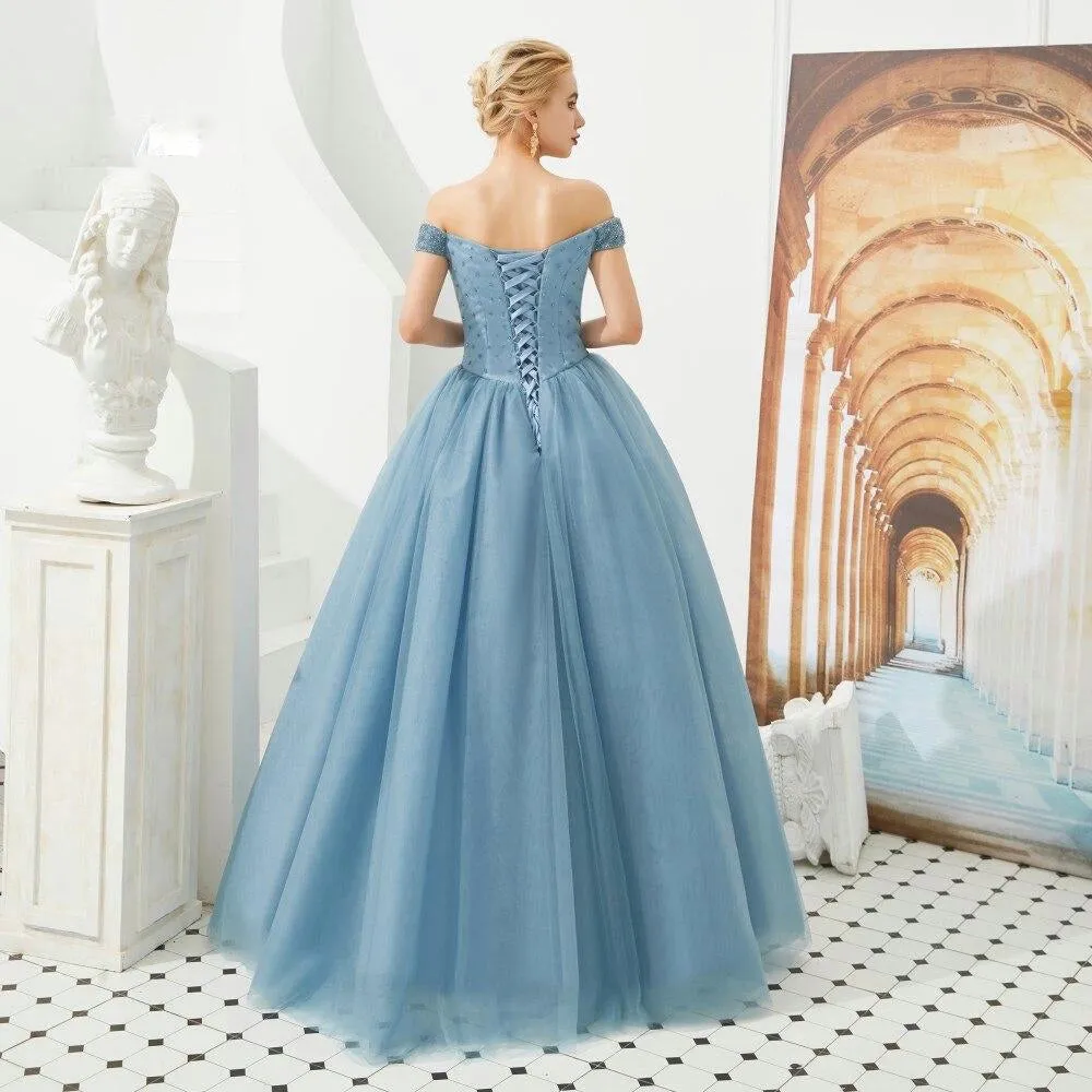Dusty Blue Classic Luxury Evening Dress with Detailed Bodice - Special Edition