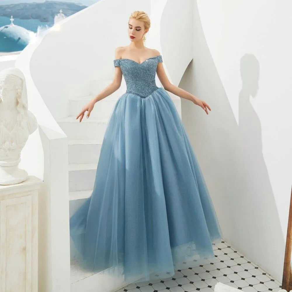 Dusty Blue Classic Luxury Evening Dress with Detailed Bodice - Special Edition