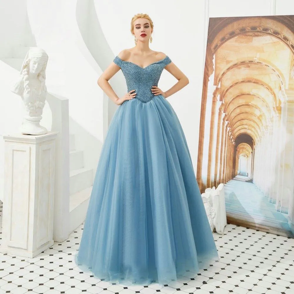 Dusty Blue Classic Luxury Evening Dress with Detailed Bodice - Special Edition