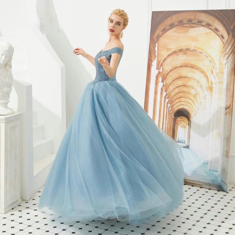 Dusty Blue Classic Luxury Evening Dress with Detailed Bodice - Special Edition