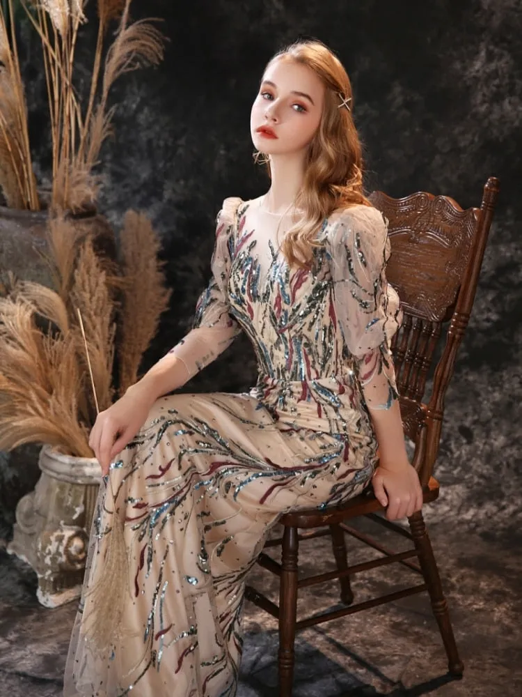 Vestido de Festa Luxo com Detalhes em Paetês Multicor (Pronta Entrega)
