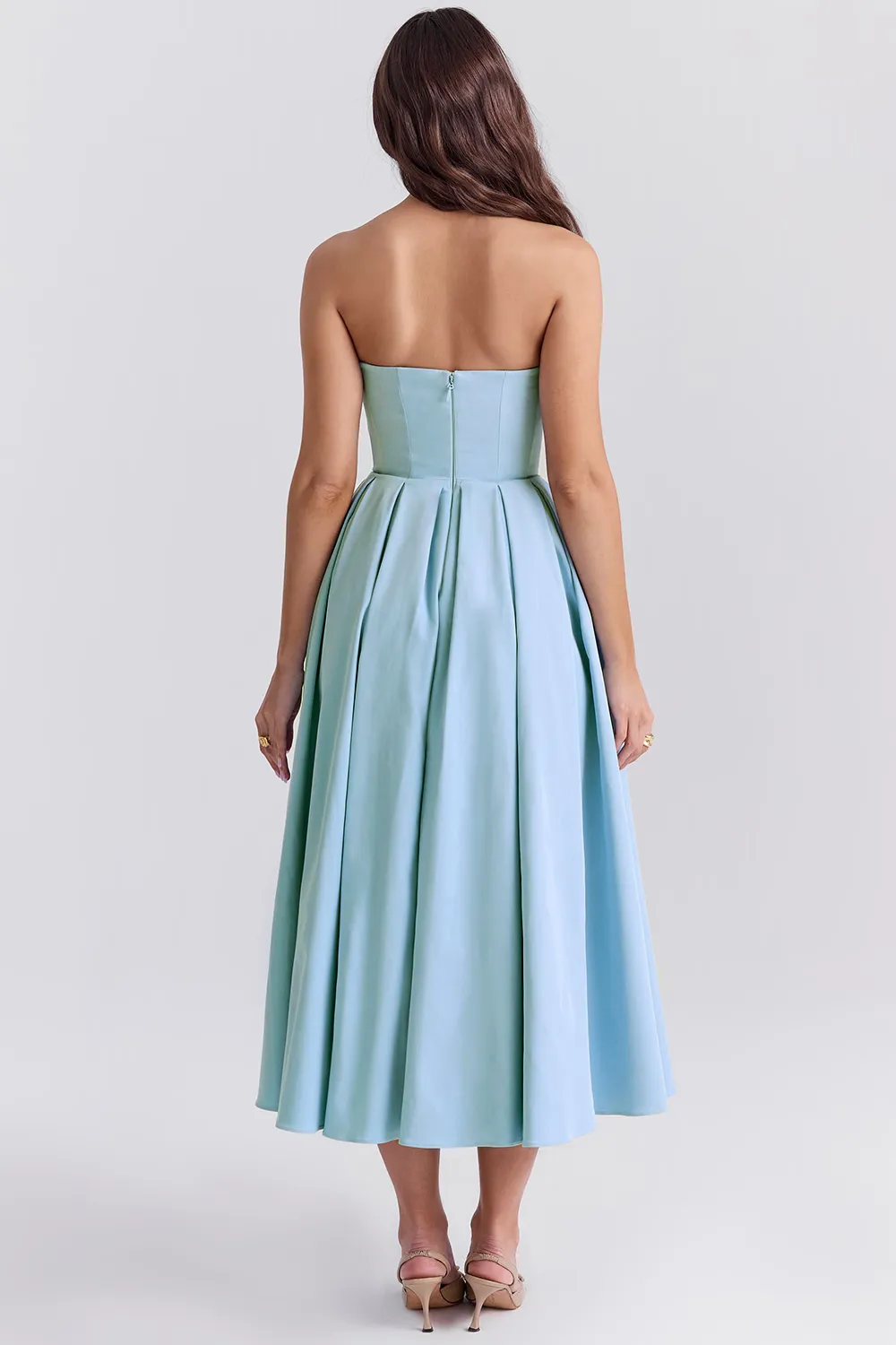 Vestido Feminino Liso Azul Midi Sem Alça Modelo Audrey