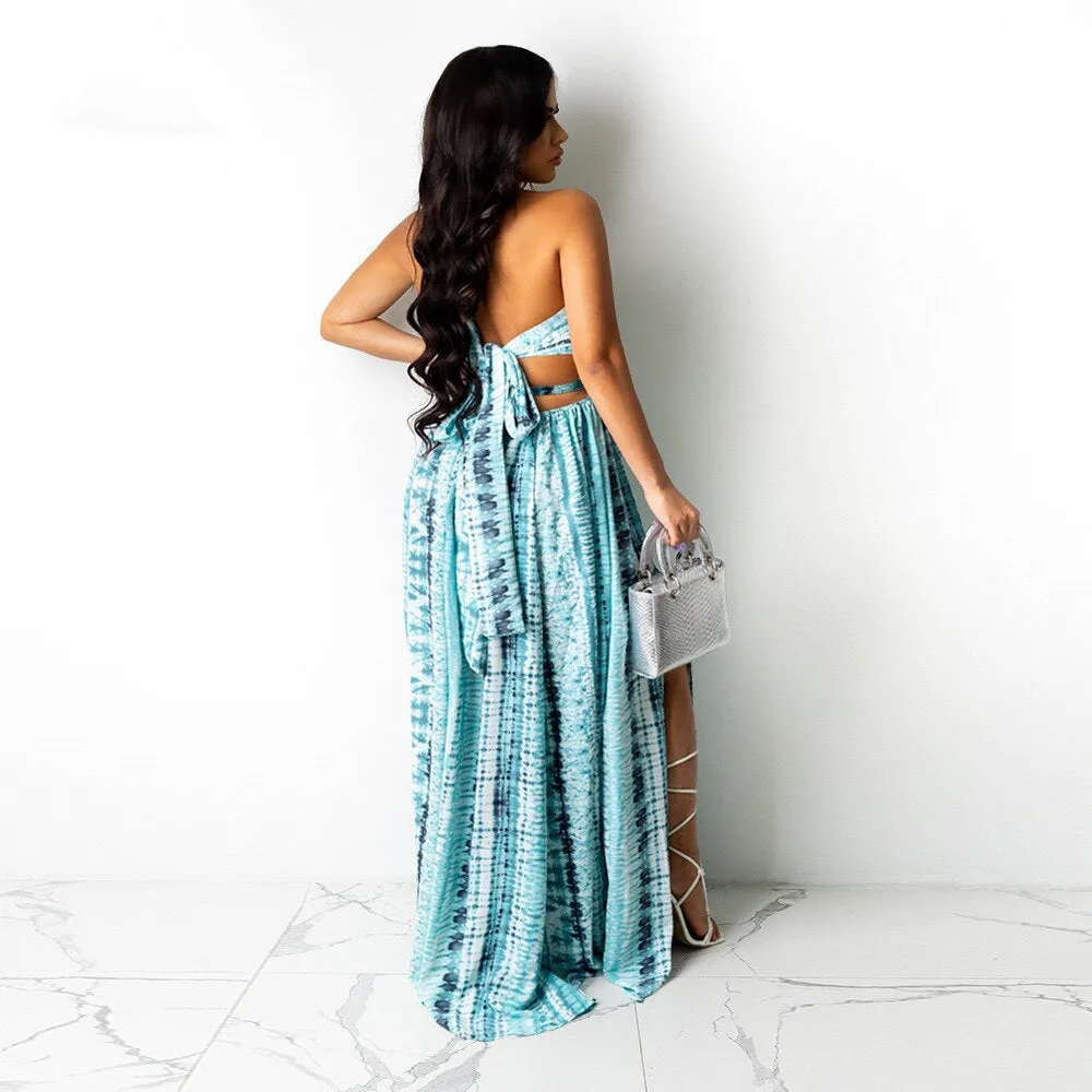 Vestido Longo Vazado Amarrações Decote Profundo Estampado