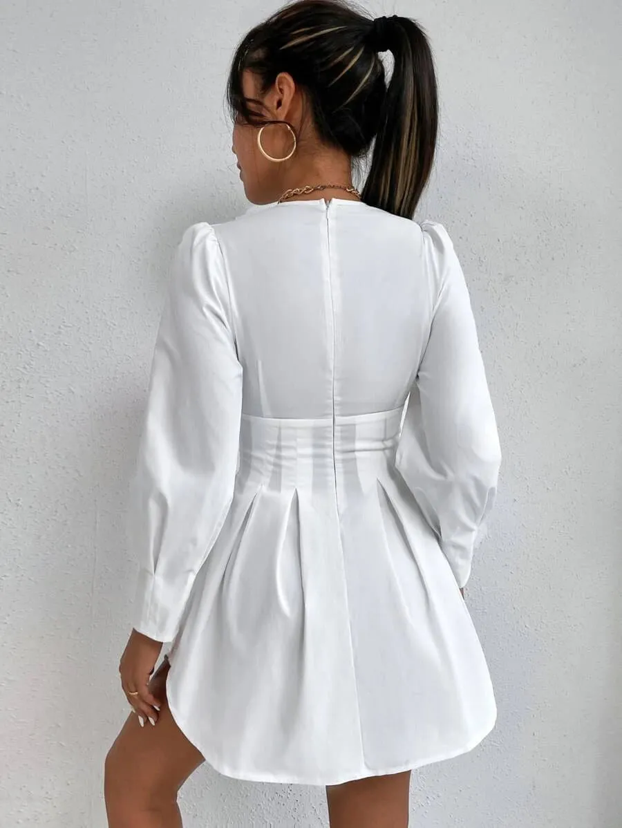 Vestido Social Acinturado Evasê Decote V Manga Longa