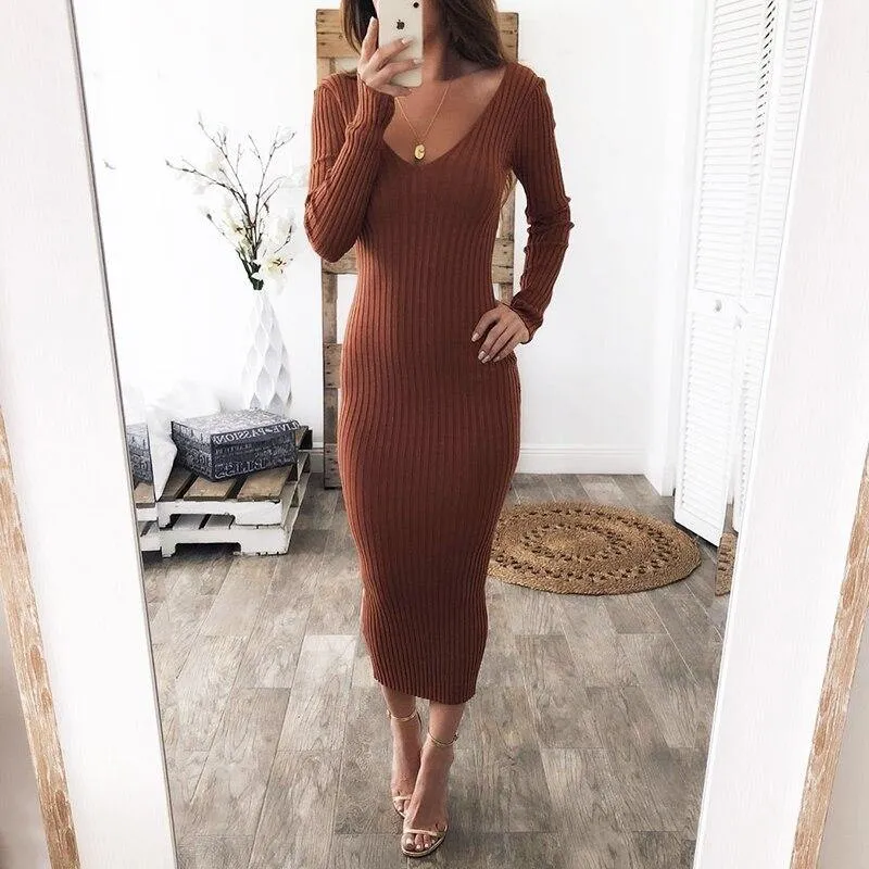 Vestido Tubinho Midi Ombro a Ombro Canelado
