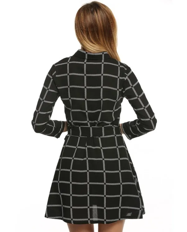 Vestido Xadrez Chemise Evasê Preto/ Branco/ Vermelho