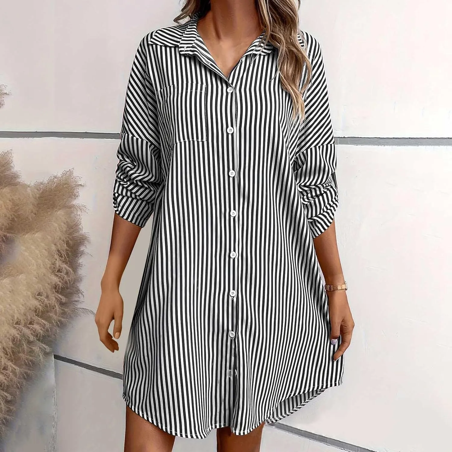 Women Trendy Summer Striped Dress Lapel Neck Long Sleeve Dress Button Loose Fit Midi Dress Casual Everyday Dress
