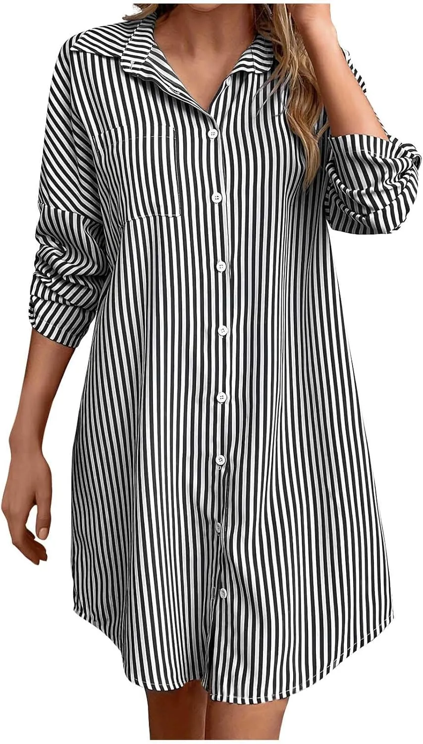 Women Trendy Summer Striped Dress Lapel Neck Long Sleeve Dress Button Loose Fit Midi Dress Casual Everyday Dress
