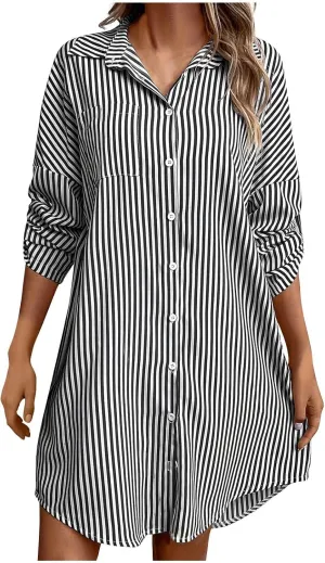 Women Trendy Summer Striped Dress Lapel Neck Long Sleeve Dress Button Loose Fit Midi Dress Casual Everyday Dress