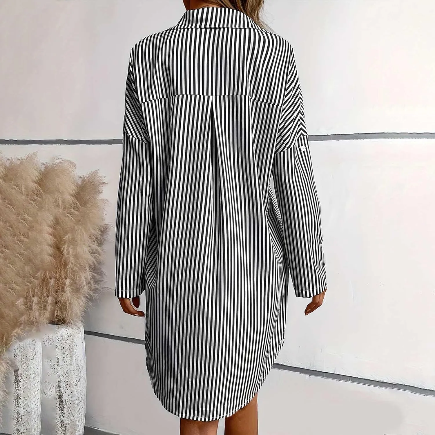 Women Trendy Summer Striped Dress Lapel Neck Long Sleeve Dress Button Loose Fit Midi Dress Casual Everyday Dress