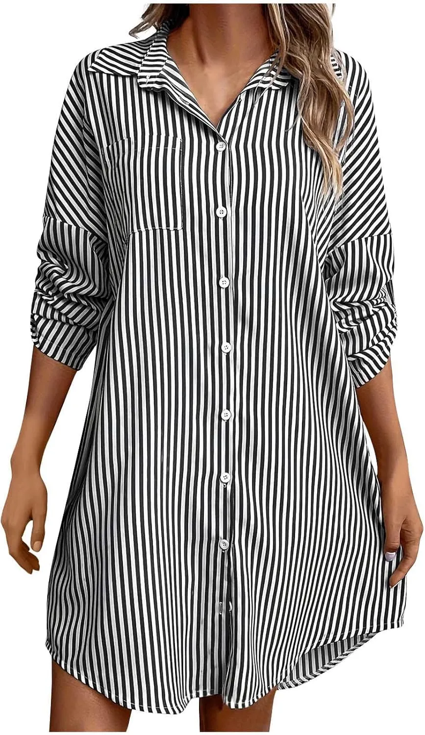 Women Trendy Summer Striped Dress Lapel Neck Long Sleeve Dress Button Loose Fit Midi Dress Casual Everyday Dress