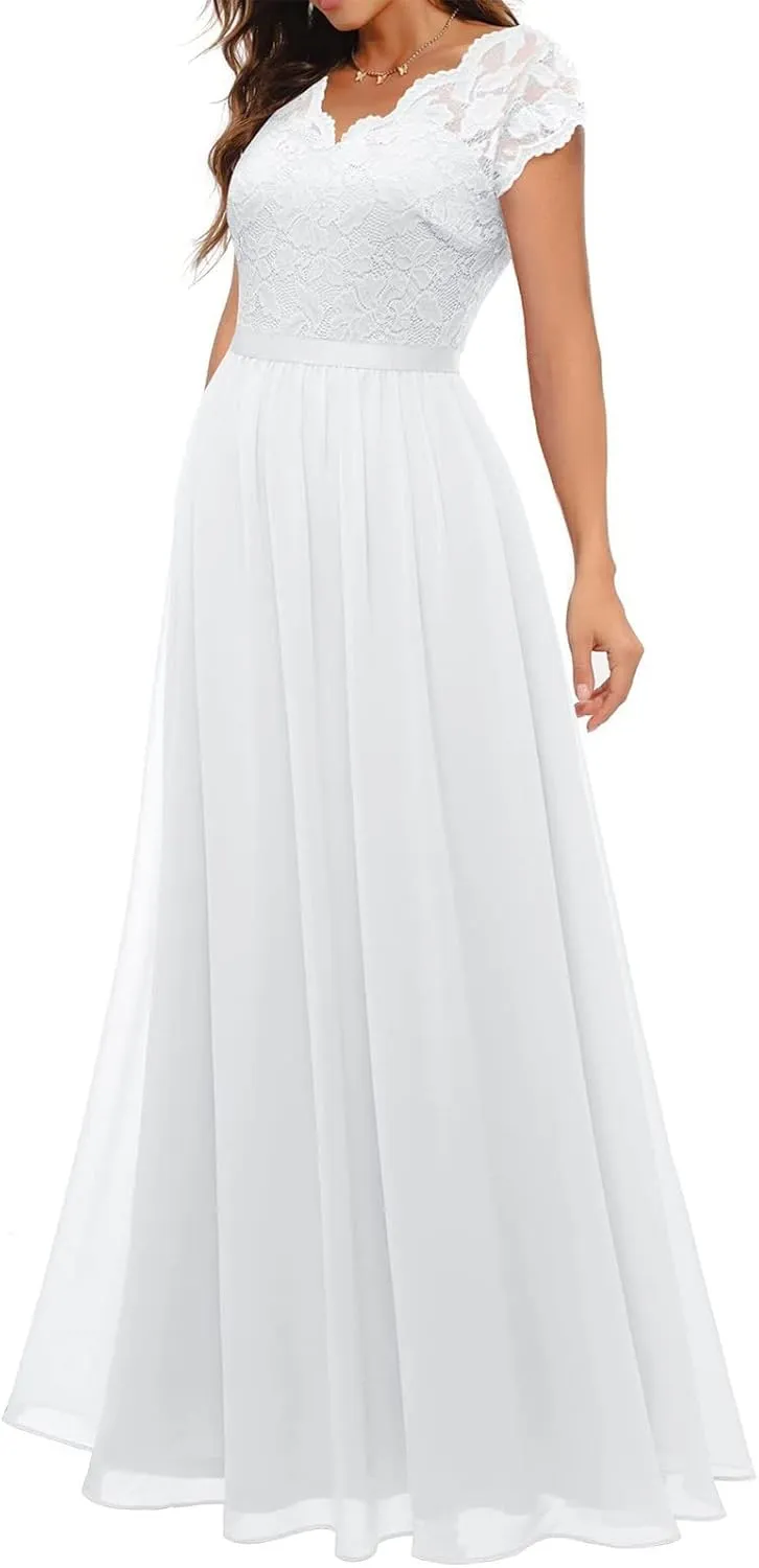 Women's Boho Lace Chiffon Bridesmaid Dresses for Wedding,2025 Elegant Long V Neck Formal Gowns Wedding Guest Dresses