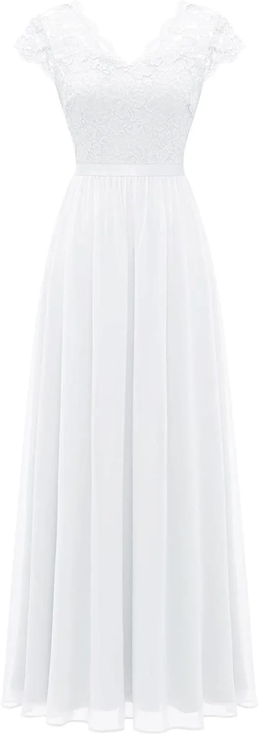 Women's Boho Lace Chiffon Bridesmaid Dresses for Wedding,2025 Elegant Long V Neck Formal Gowns Wedding Guest Dresses