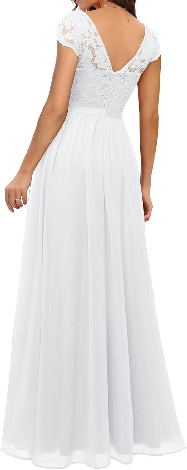 Women's Boho Lace Chiffon Bridesmaid Dresses for Wedding,2025 Elegant Long V Neck Formal Gowns Wedding Guest Dresses