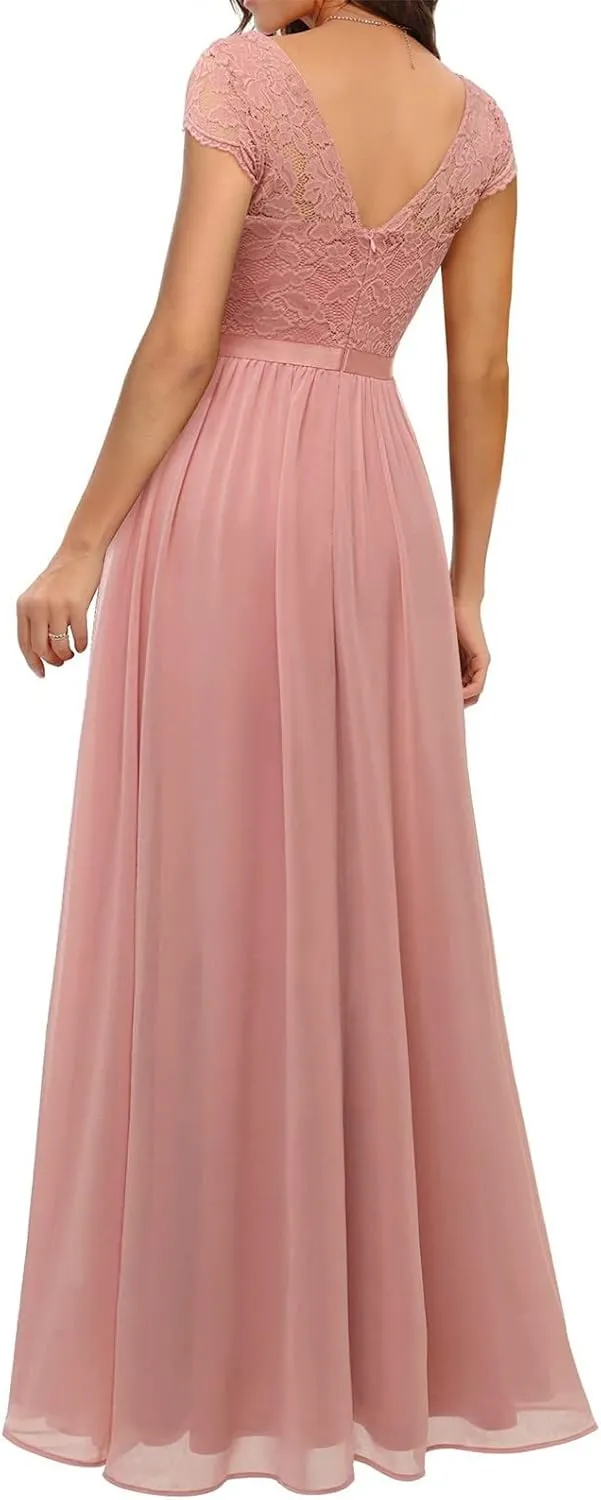 Women's Boho Lace Chiffon Bridesmaid Dresses for Wedding,2025 Elegant Long V Neck Formal Gowns Wedding Guest Dresses
