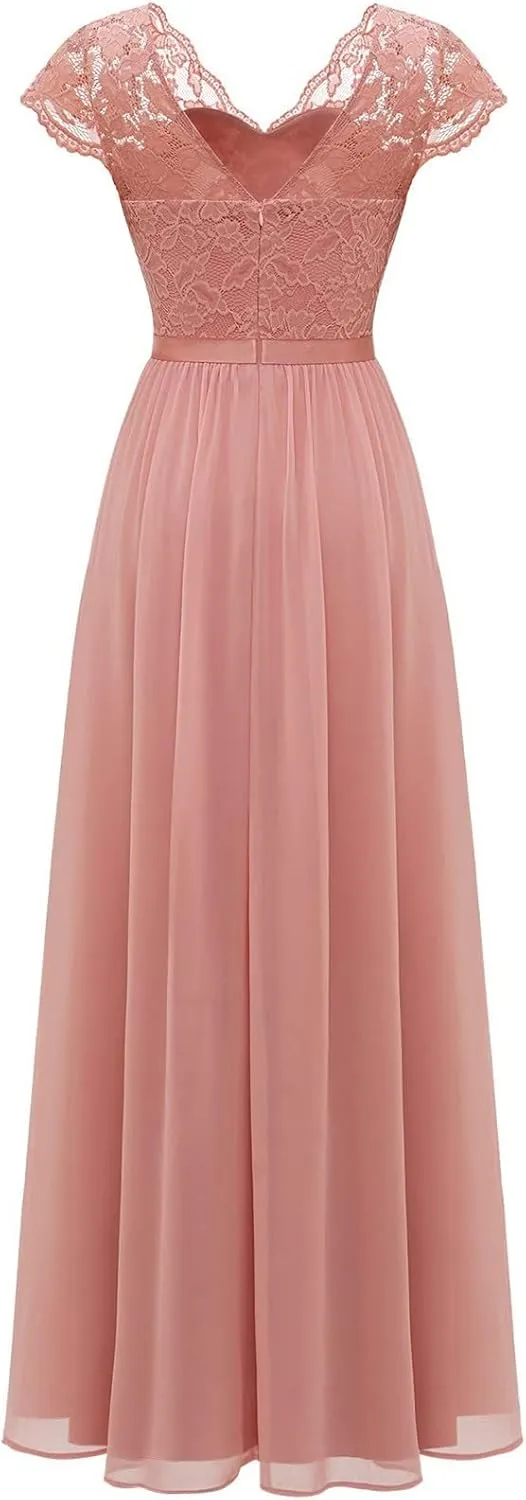 Women's Boho Lace Chiffon Bridesmaid Dresses for Wedding,2025 Elegant Long V Neck Formal Gowns Wedding Guest Dresses