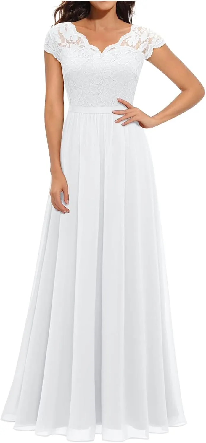 Women's Boho Lace Chiffon Bridesmaid Dresses for Wedding,2025 Elegant Long V Neck Formal Gowns Wedding Guest Dresses