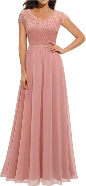 Women's Boho Lace Chiffon Bridesmaid Dresses for Wedding,2025 Elegant Long V Neck Formal Gowns Wedding Guest Dresses