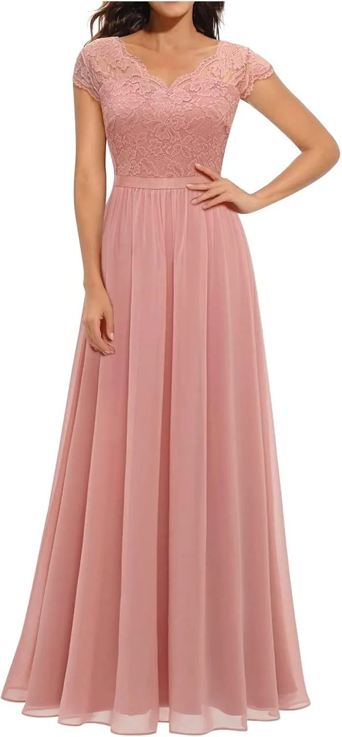 Women's Boho Lace Chiffon Bridesmaid Dresses for Wedding,2025 Elegant Long V Neck Formal Gowns Wedding Guest Dresses