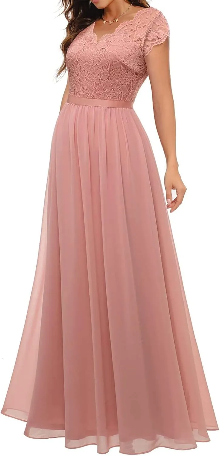 Women's Boho Lace Chiffon Bridesmaid Dresses for Wedding,2025 Elegant Long V Neck Formal Gowns Wedding Guest Dresses