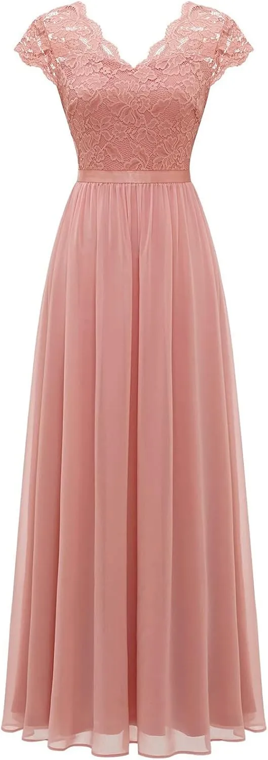 Women's Boho Lace Chiffon Bridesmaid Dresses for Wedding,2025 Elegant Long V Neck Formal Gowns Wedding Guest Dresses
