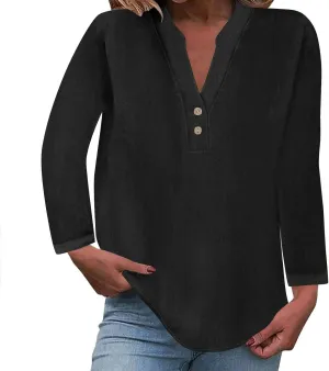 Womens Casual Long Sleeve Tops Dress Shirts Relaxed Fit Cotton Linen Shirts Ladies 2024 Fall V Neck Fashion Pullover
