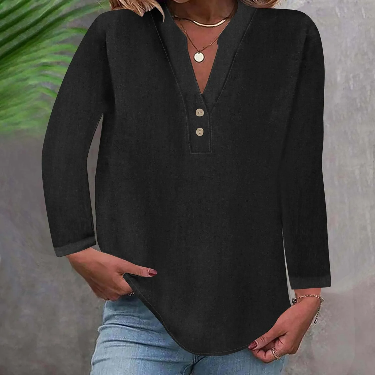 Womens Casual Long Sleeve Tops Dress Shirts Relaxed Fit Cotton Linen Shirts Ladies 2024 Fall V Neck Fashion Pullover