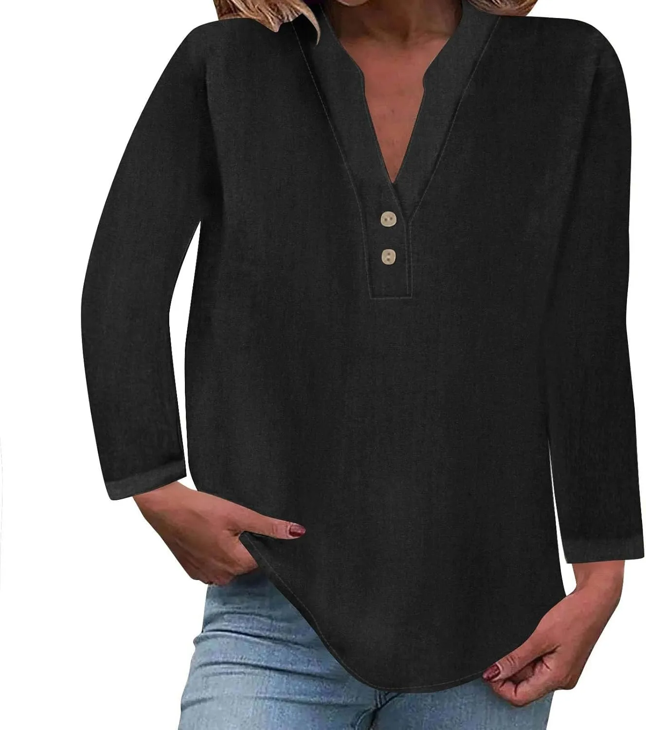 Womens Casual Long Sleeve Tops Dress Shirts Relaxed Fit Cotton Linen Shirts Ladies 2024 Fall V Neck Fashion Pullover