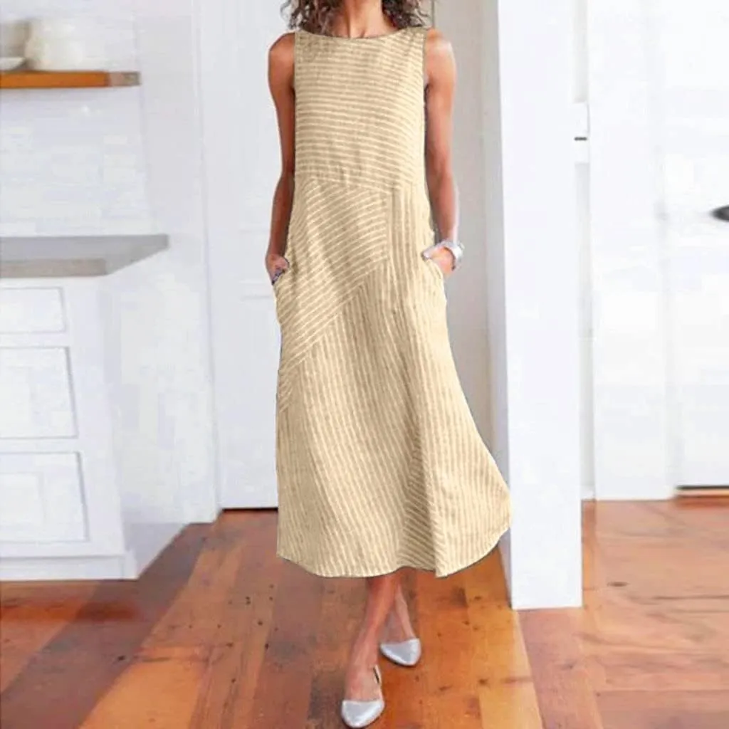 Women's Dresses Summer Casual Striped Sleeveless Round Neck Linen with Pockets Long Maxi Dress Spring, S-2XL
