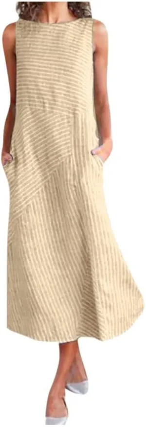 Women's Dresses Summer Casual Striped Sleeveless Round Neck Linen with Pockets Long Maxi Dress Spring, S-2XL