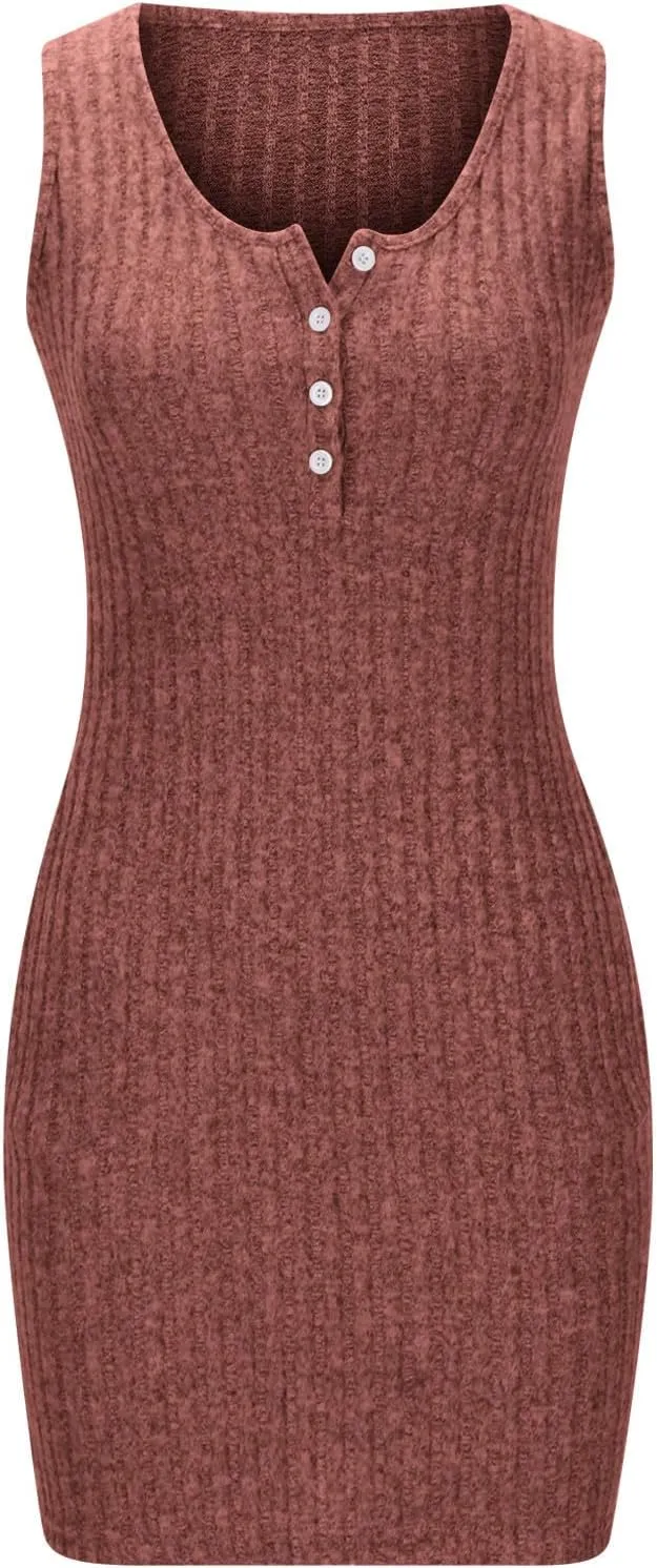 Womens Knit Sundress Sleeveless Button Up V-Neck Mini Dress Summer Casual Tank Dresses Solid Bodycon Pockets Clothes