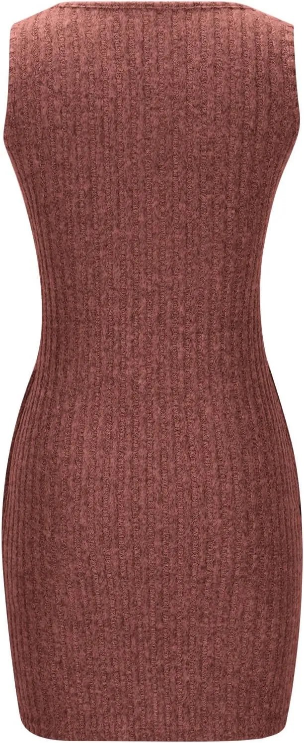 Womens Knit Sundress Sleeveless Button Up V-Neck Mini Dress Summer Casual Tank Dresses Solid Bodycon Pockets Clothes