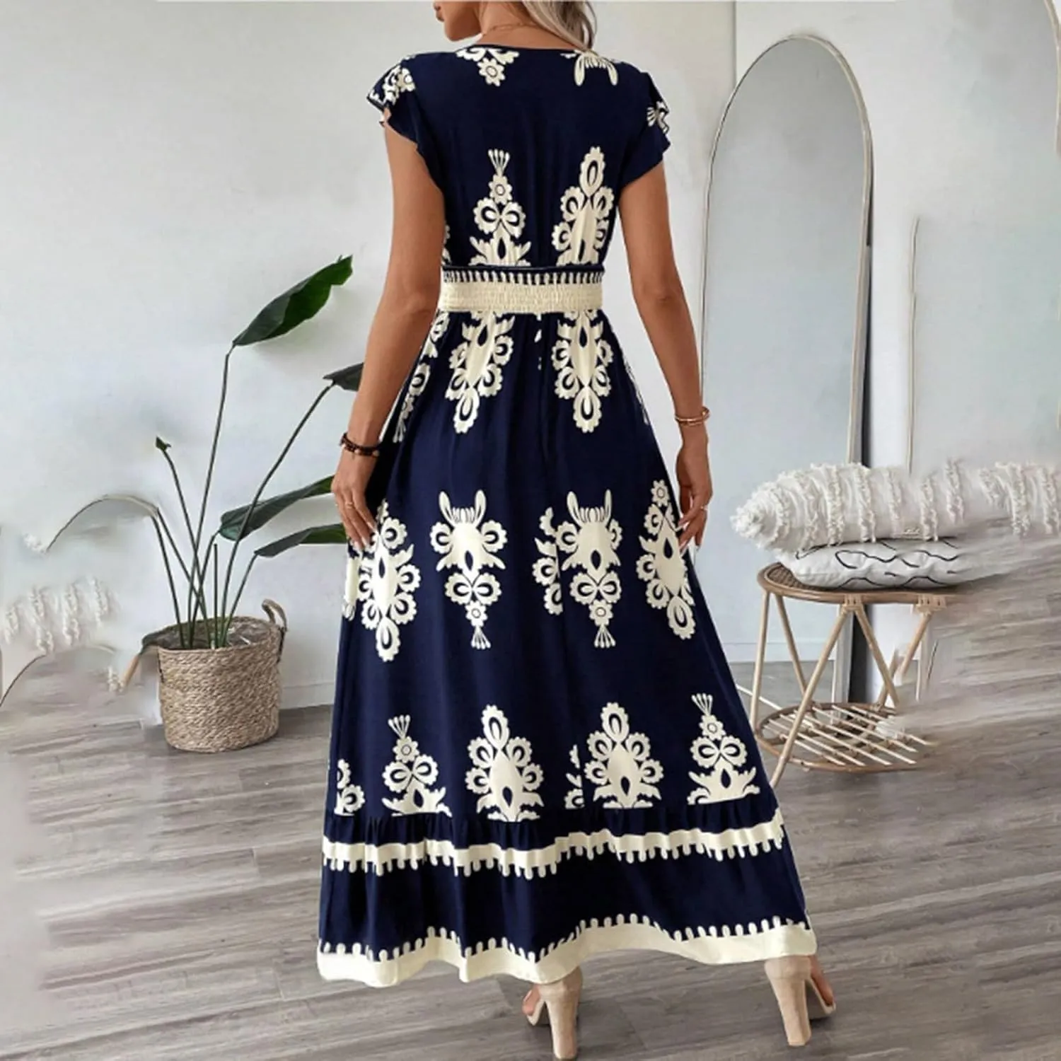 Womens Summer Dress Short Sleeve V-Neck Ruffle Tiered Midi Dresses Floral Printed Vacation Sundress with Fringe Belt