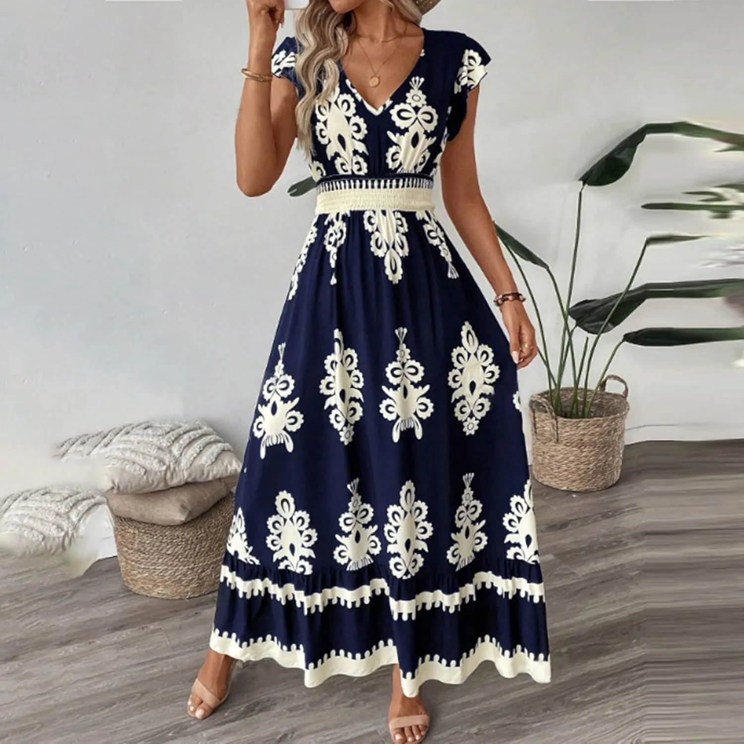 Womens Summer Dress Short Sleeve V-Neck Ruffle Tiered Midi Dresses Floral Printed Vacation Sundress with Fringe Belt