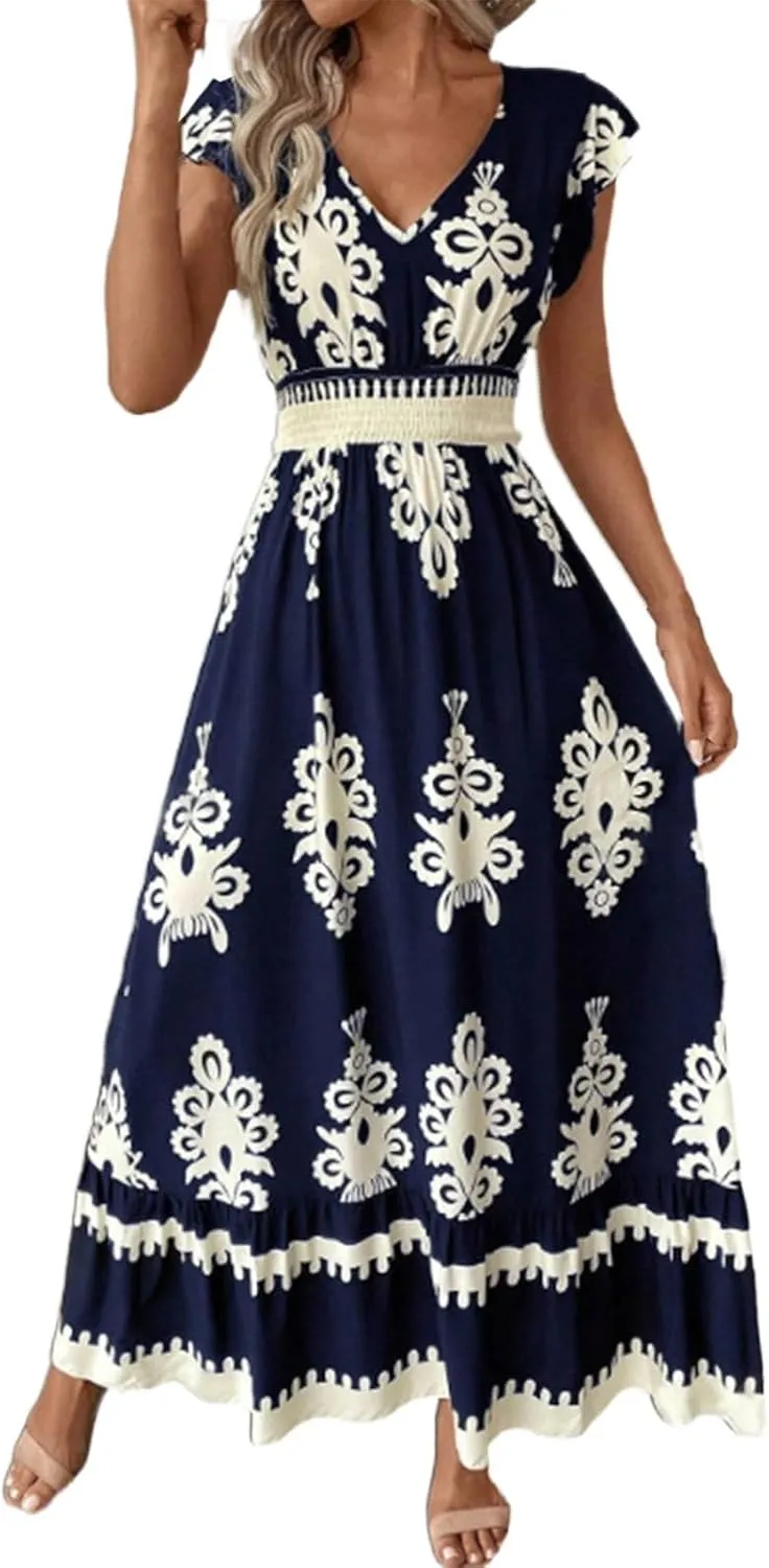 Womens Summer Dress Short Sleeve V-Neck Ruffle Tiered Midi Dresses Floral Printed Vacation Sundress with Fringe Belt