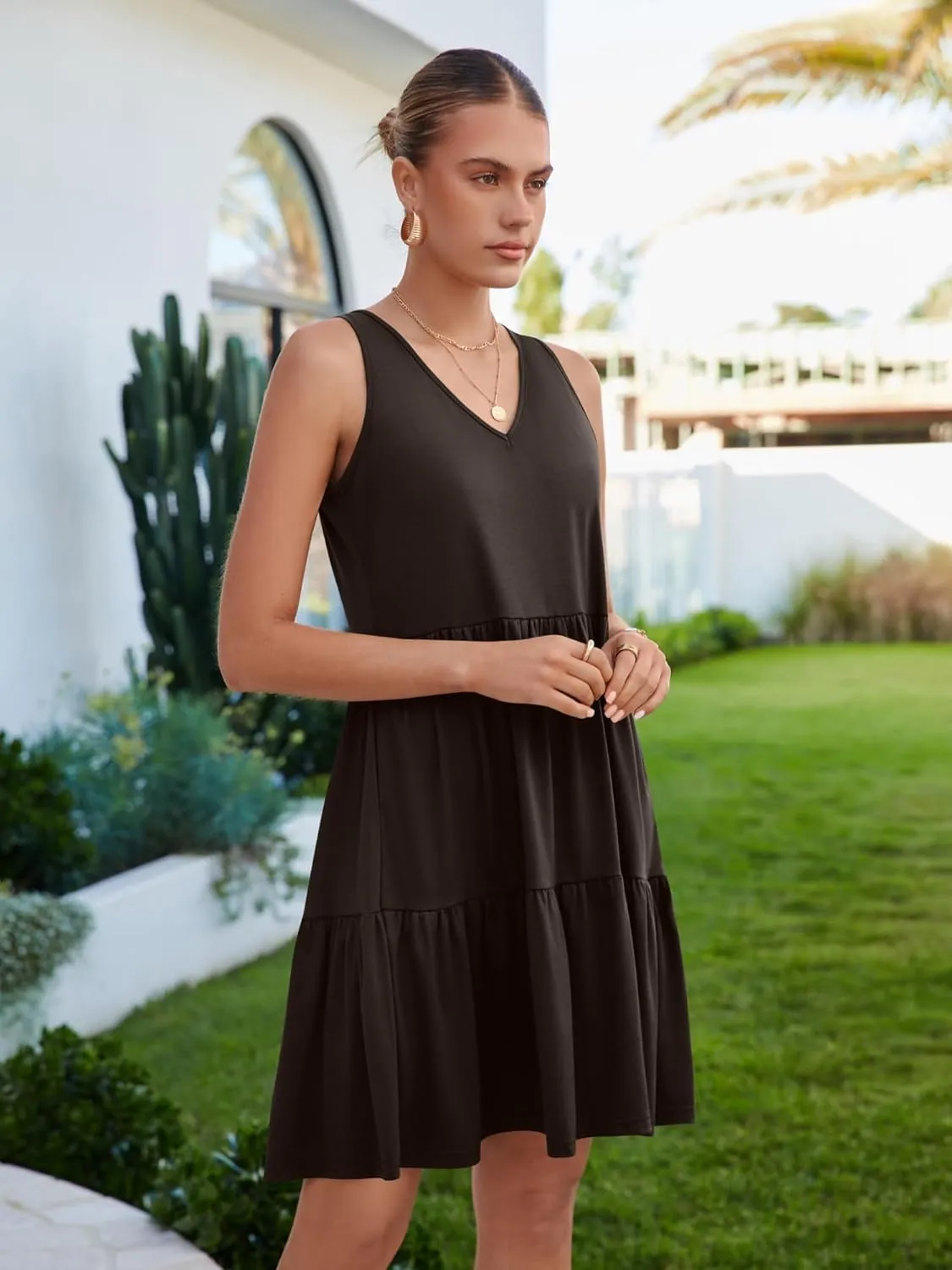 Womens Summer Dresses V Neck Tank Tiered Flowy Mini A Line Casual Sundress with Pockets