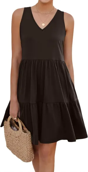 Womens Summer Dresses V Neck Tank Tiered Flowy Mini A Line Casual Sundress with Pockets