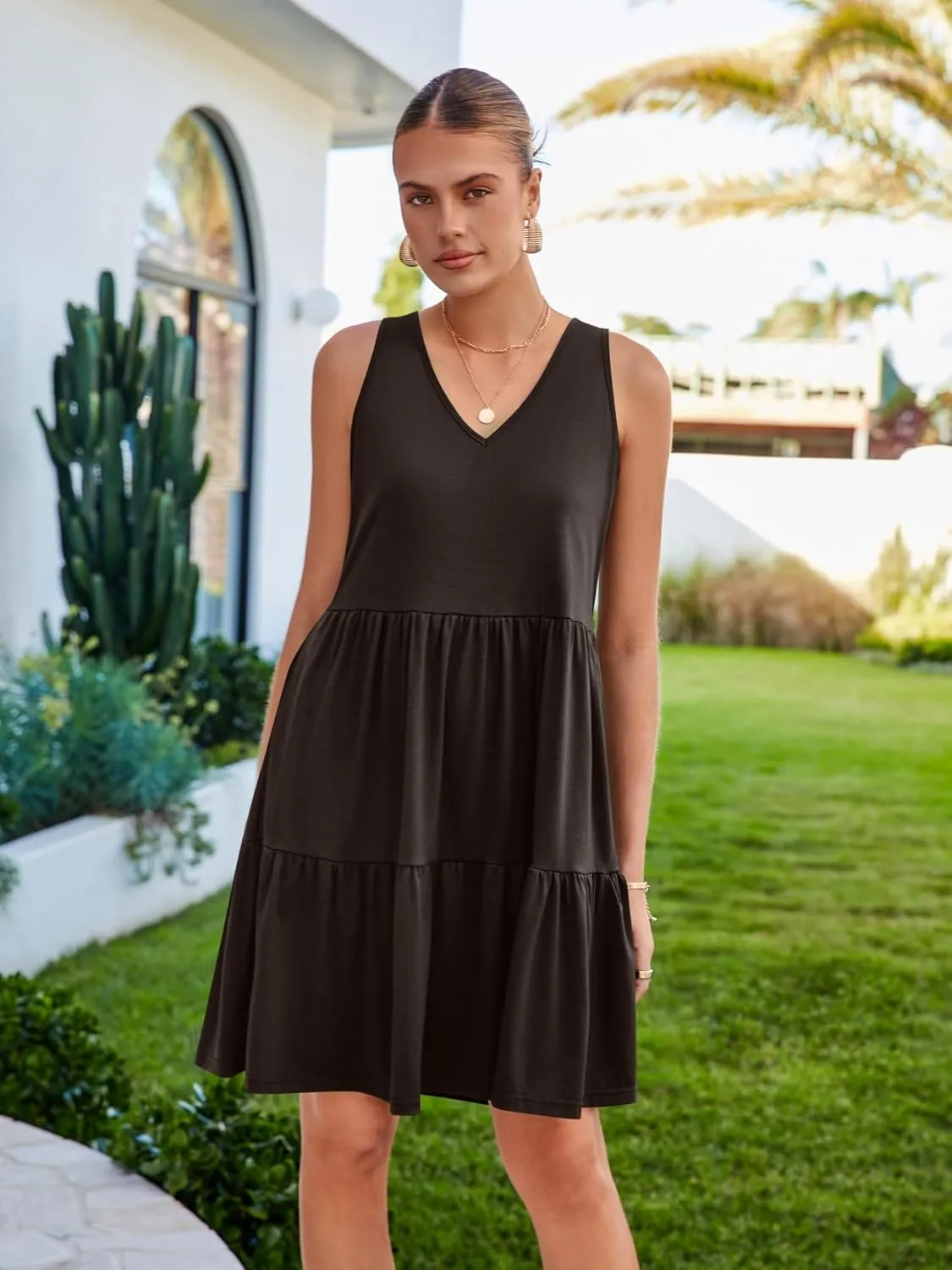 Womens Summer Dresses V Neck Tank Tiered Flowy Mini A Line Casual Sundress with Pockets