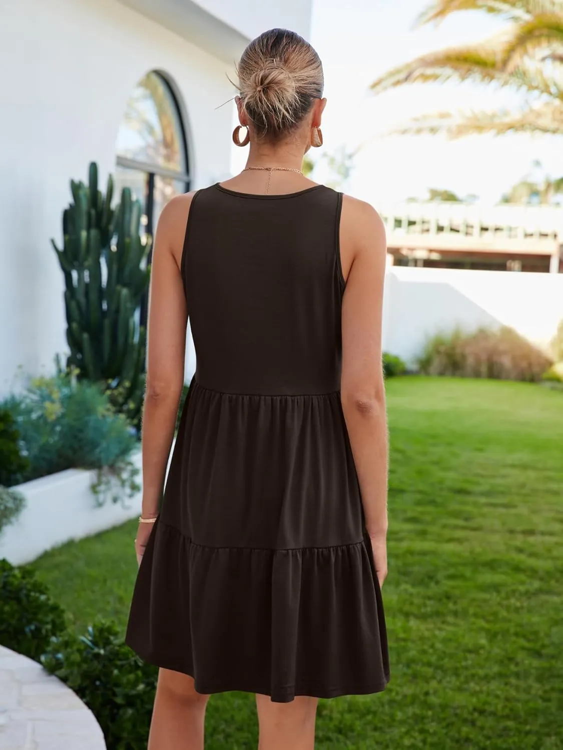 Womens Summer Dresses V Neck Tank Tiered Flowy Mini A Line Casual Sundress with Pockets