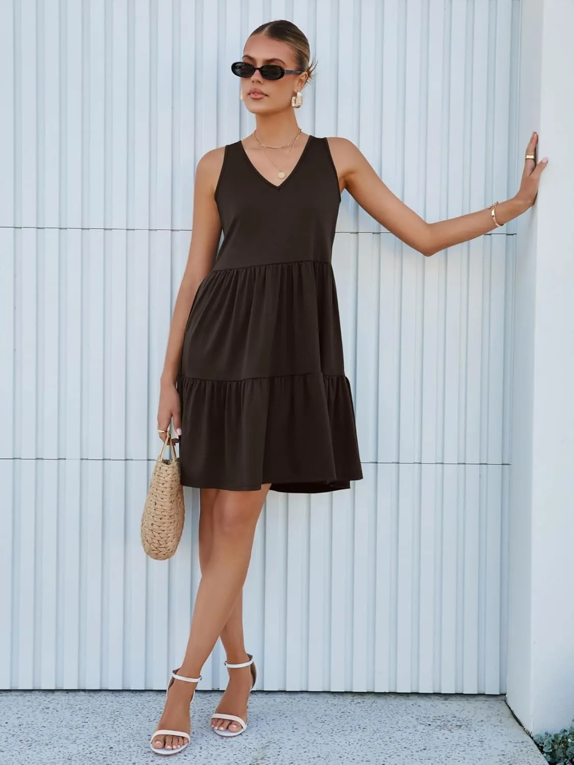 Womens Summer Dresses V Neck Tank Tiered Flowy Mini A Line Casual Sundress with Pockets