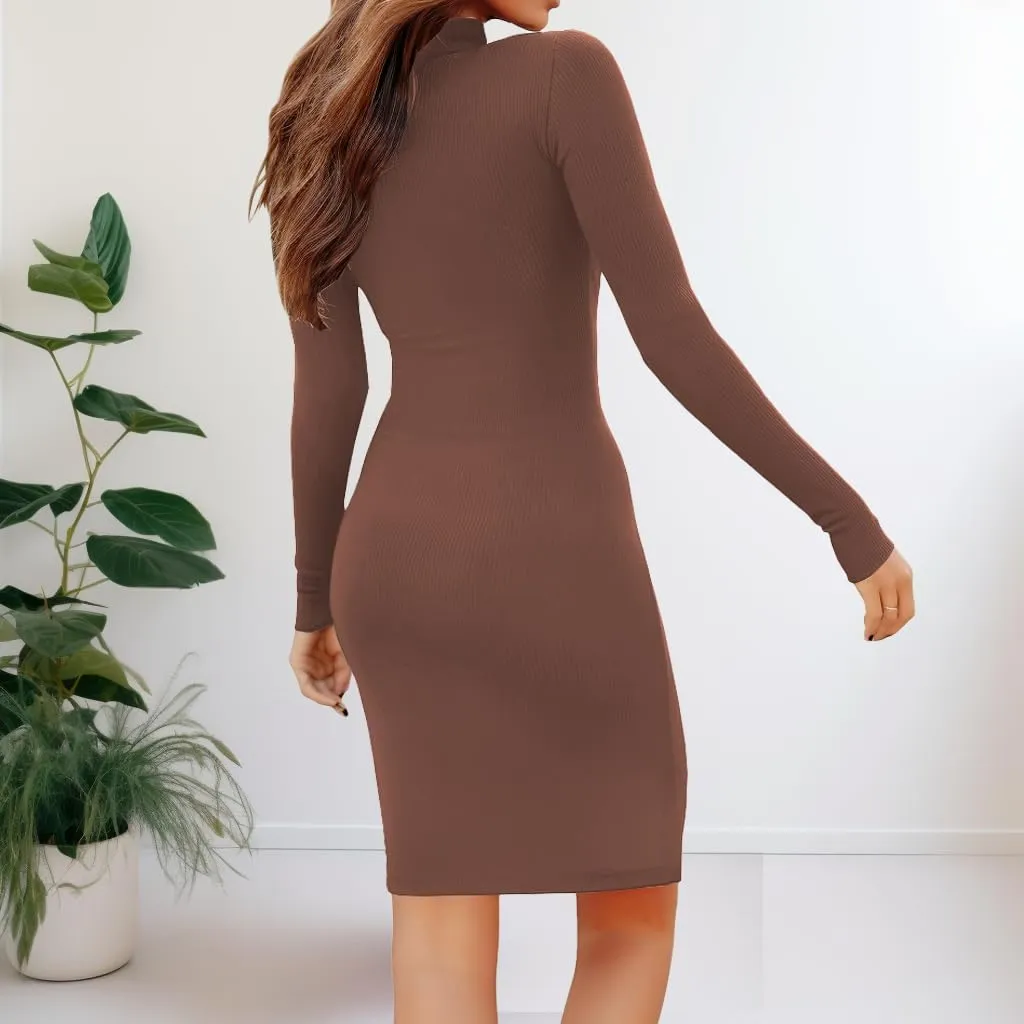 Women's Turtleneck Bodycon Dresses Casual Long Sleeve Side Slit Slim Fit Elegant Party Club Ribbed Knit Midi Date Dress