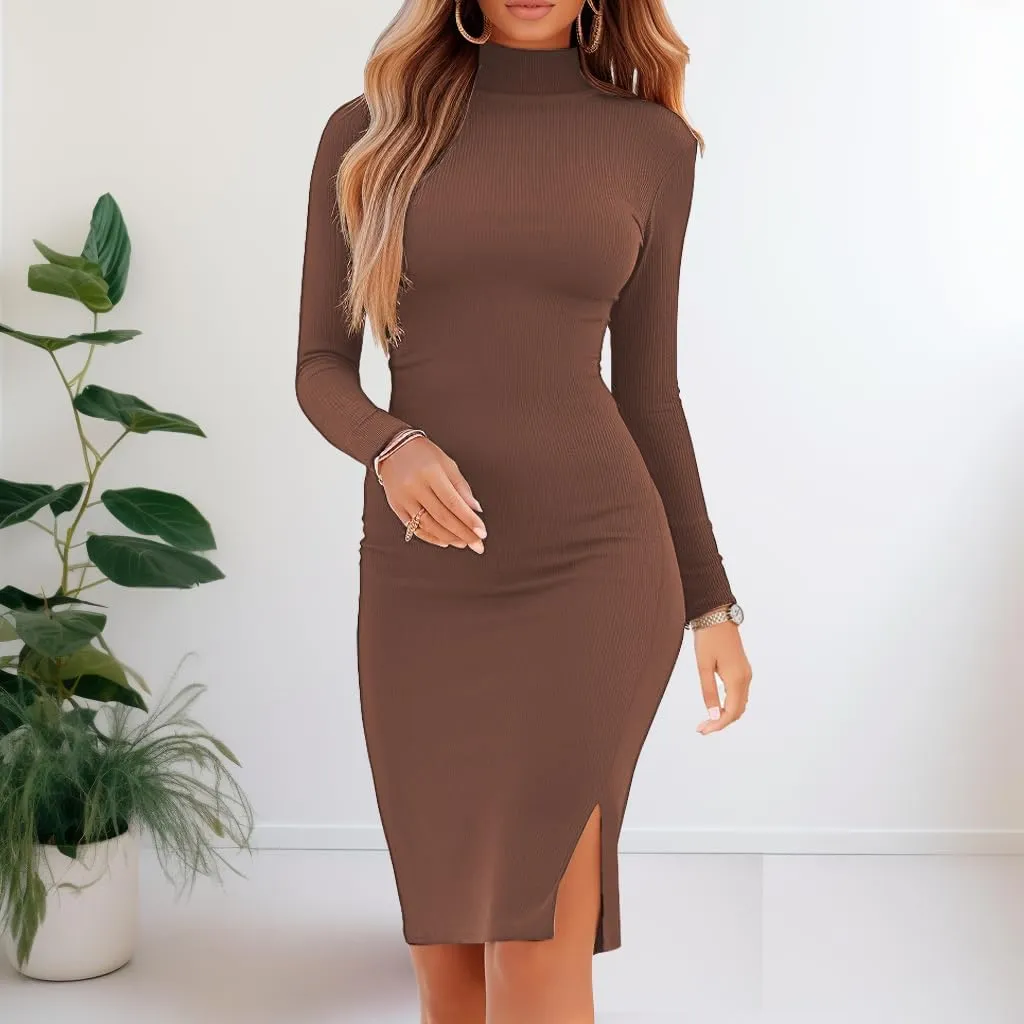 Women's Turtleneck Bodycon Dresses Casual Long Sleeve Side Slit Slim Fit Elegant Party Club Ribbed Knit Midi Date Dress